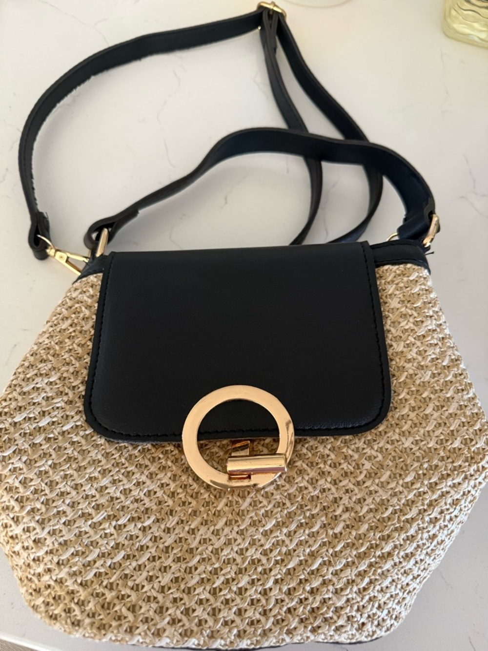Black/Natural Straw Crossbody Bag with Gold Ring Accent